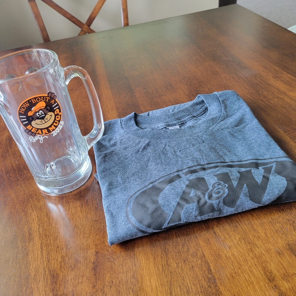 A&W Rooty Bear Mug and Size Medium Shirt.